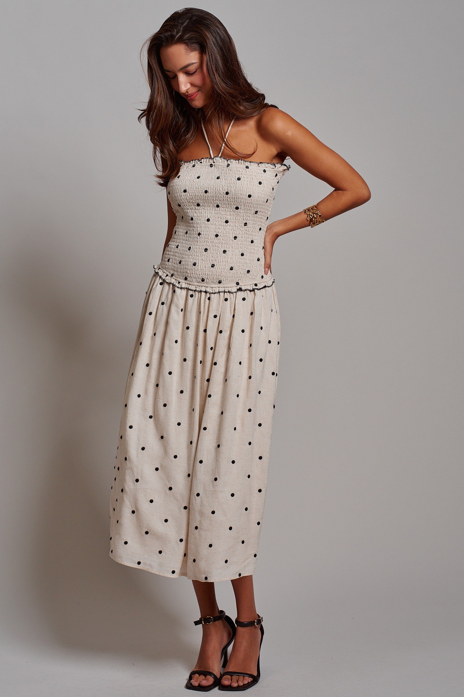 Smocked Polka Dot Halter Midi Dress in Ivory - Women's Dresses | Urban Daizy