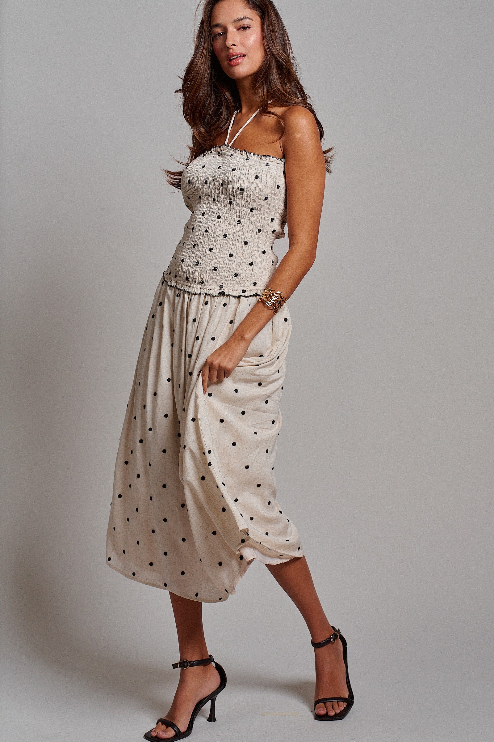 Smocked Polka Dot Halter Midi Dress in Ivory - Women's Dresses | Urban Daizy