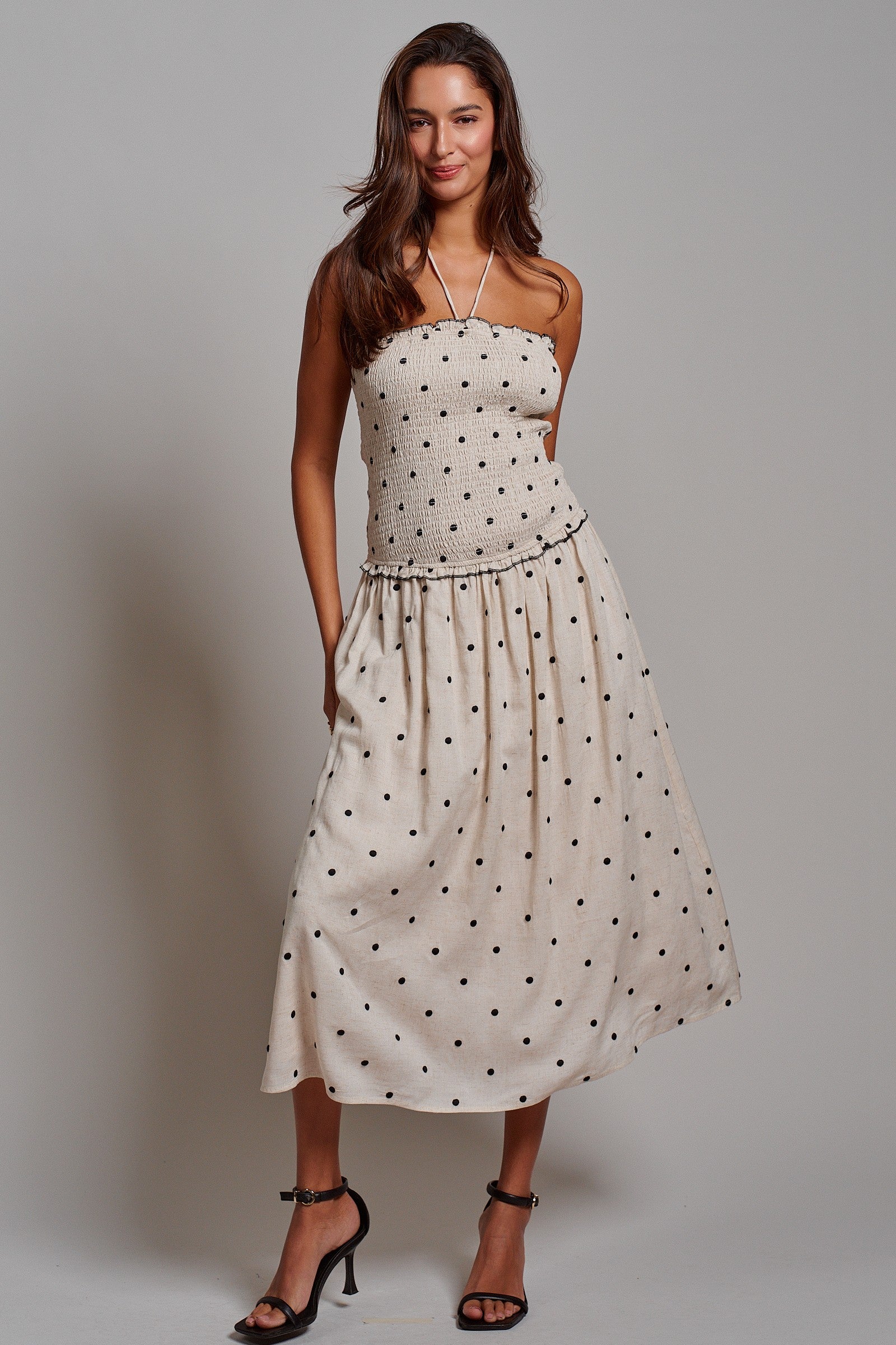 Smocked Polka Dot Halter Midi Dress in Ivory - Women's Dresses | Urban Daizy