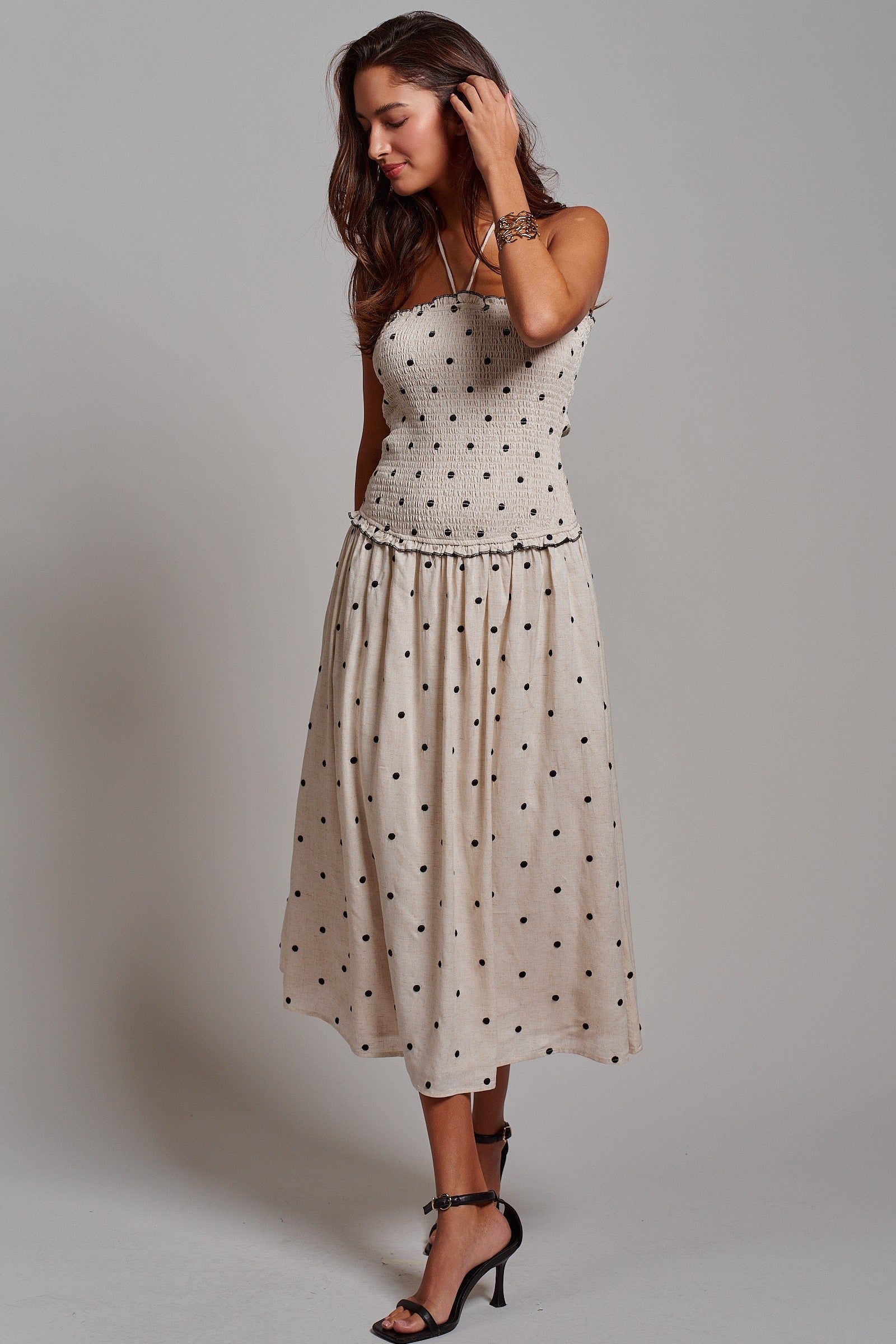 Smocked Polka Dot Halter Midi Dress in Ivory - Women's Dresses | Urban Daizy
