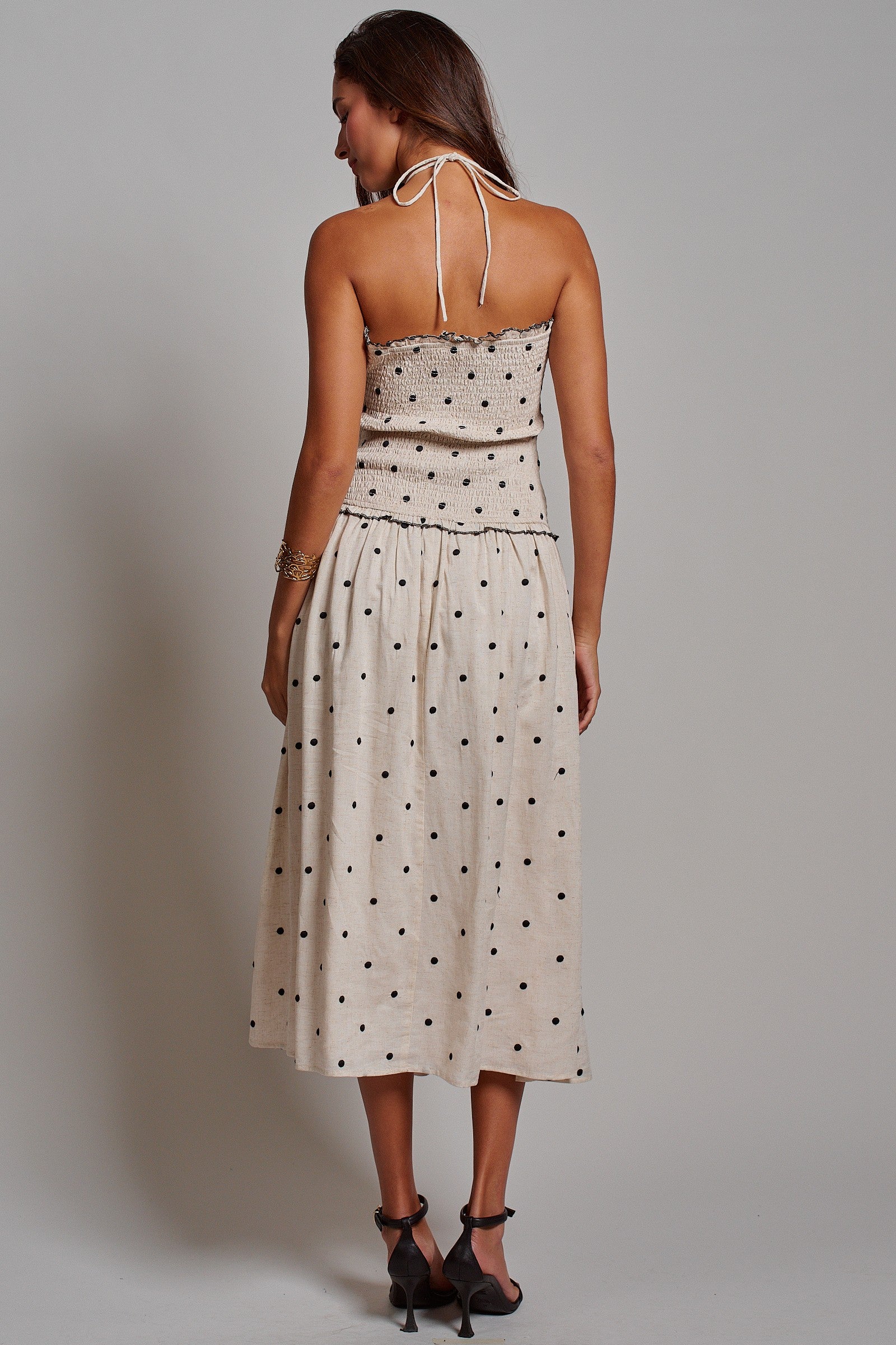 Smocked Polka Dot Halter Midi Dress in Ivory - Women's Dresses | Urban Daizy