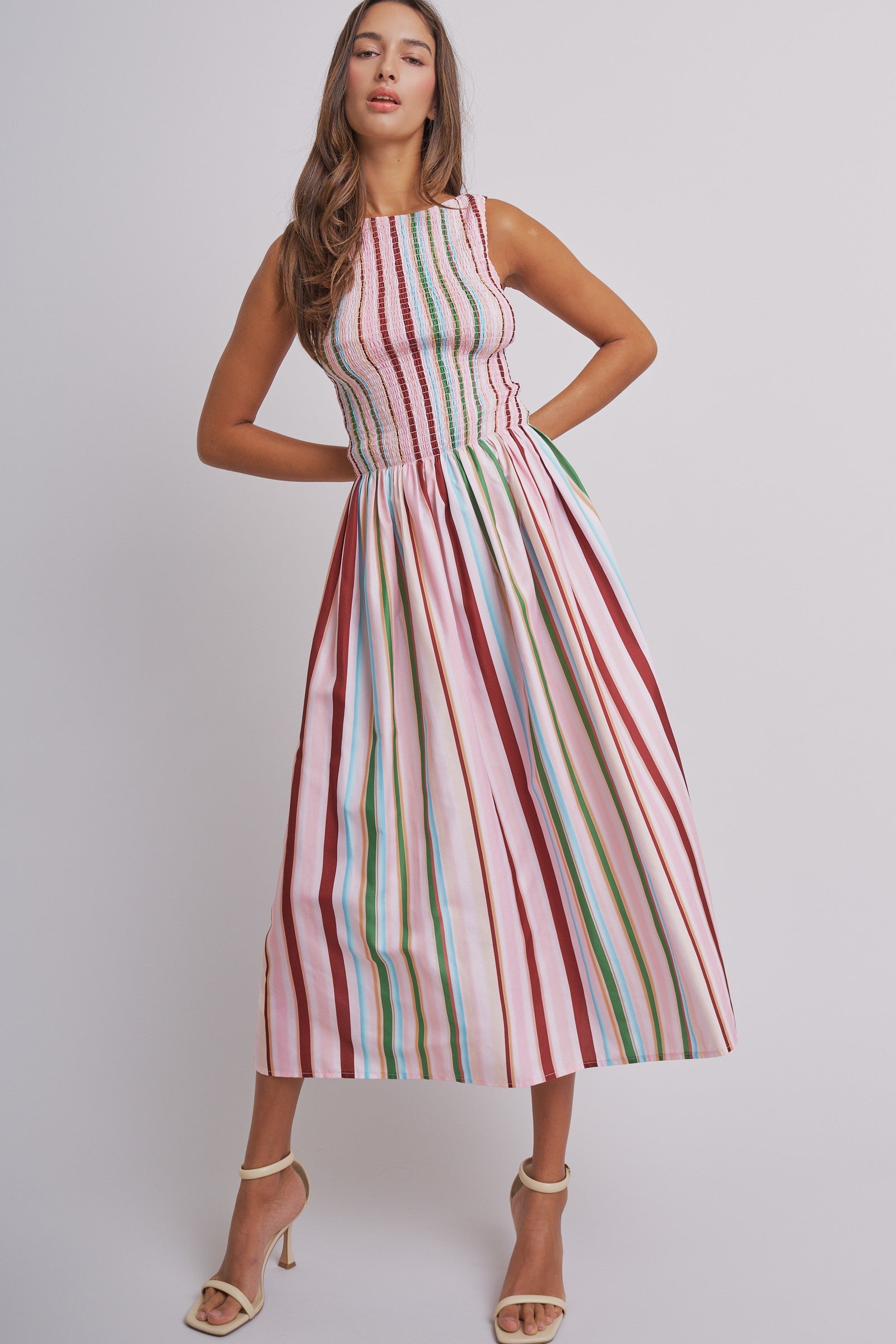 Candy Stripe Smocked Midi Dress With High Neckline in Multi - Women's Dresses | Urban Daizy