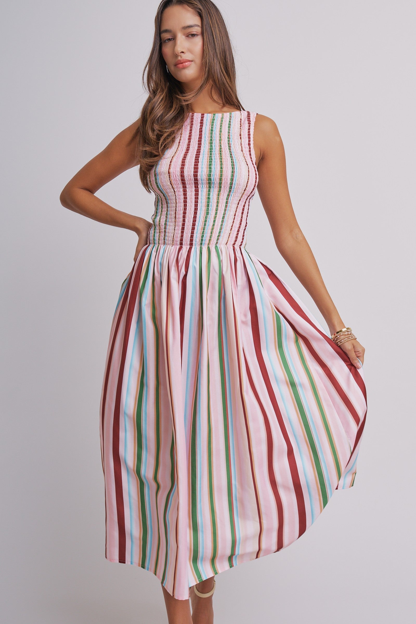 Candy Stripe Smocked Midi Dress With High Neckline in Multi - Women's Dresses | Urban Daizy