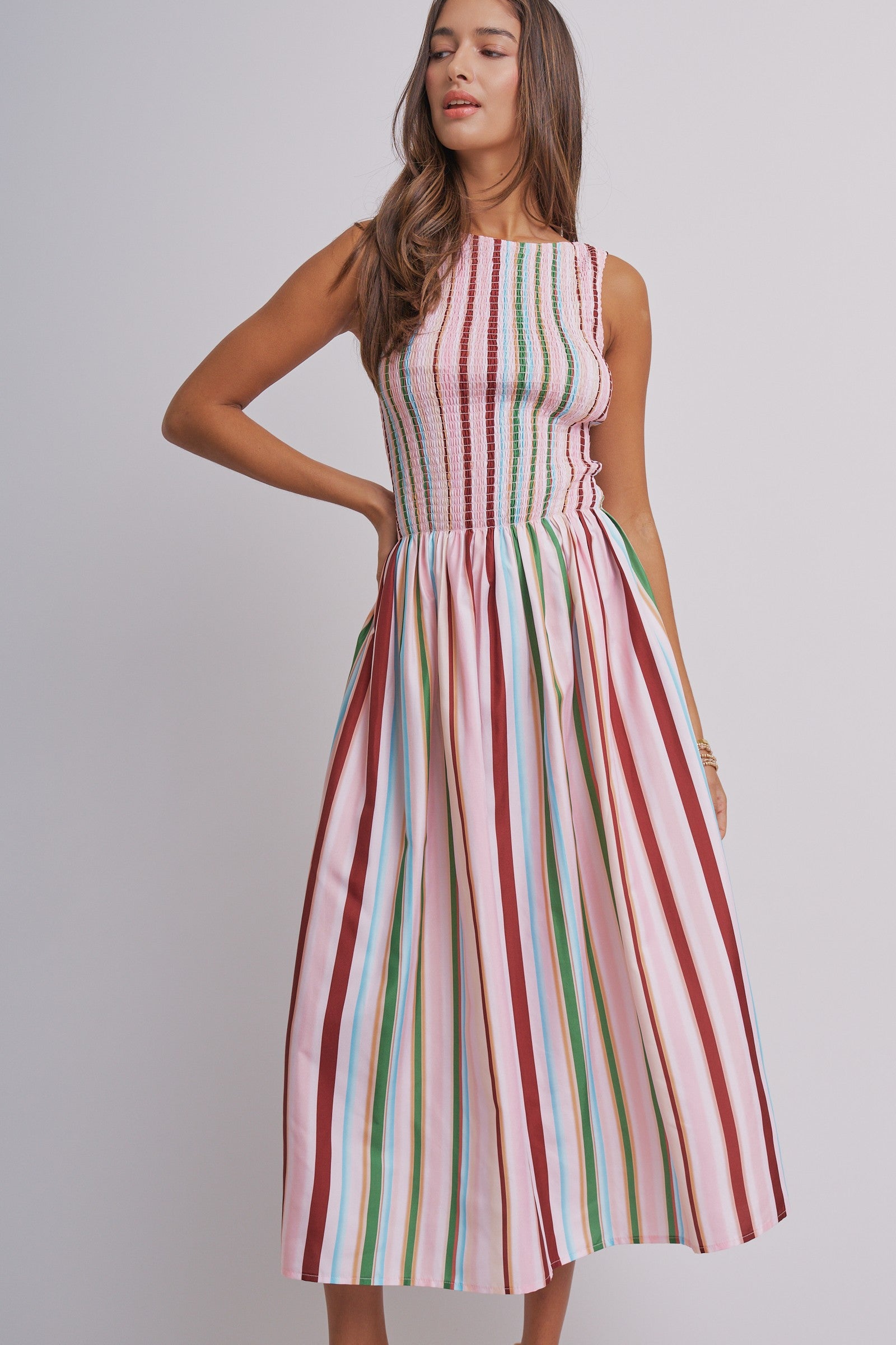 Candy Stripe Smocked Midi Dress With High Neckline in Multi - Women's Dresses | Urban Daizy