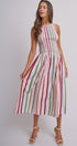 Candy Stripe Smocked Midi Dress With High Neckline in Multi - Women's Dresses | Urban Daizy
