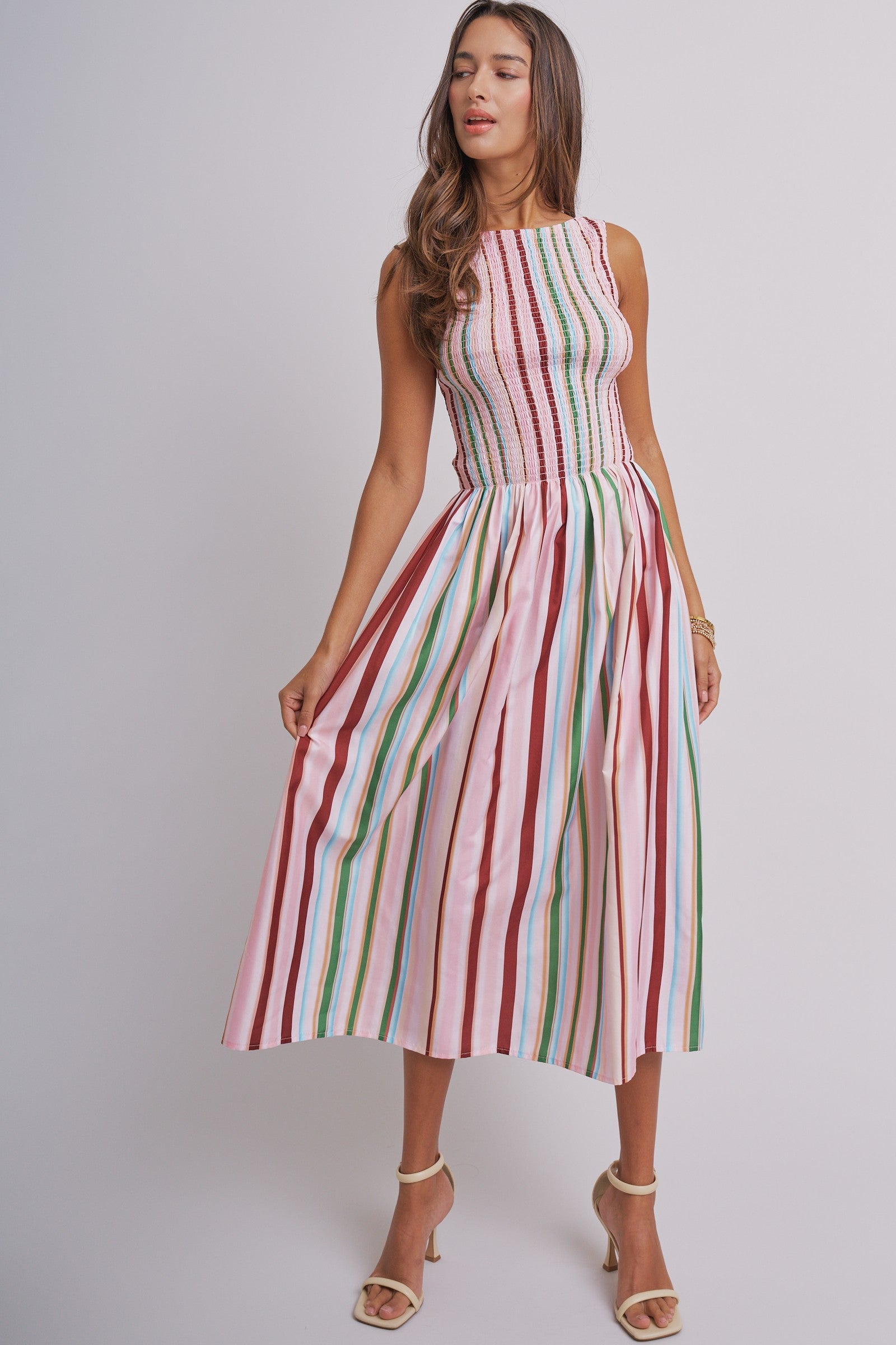 Candy Stripe Smocked Midi Dress With High Neckline in Multi - Women's Dresses | Urban Daizy