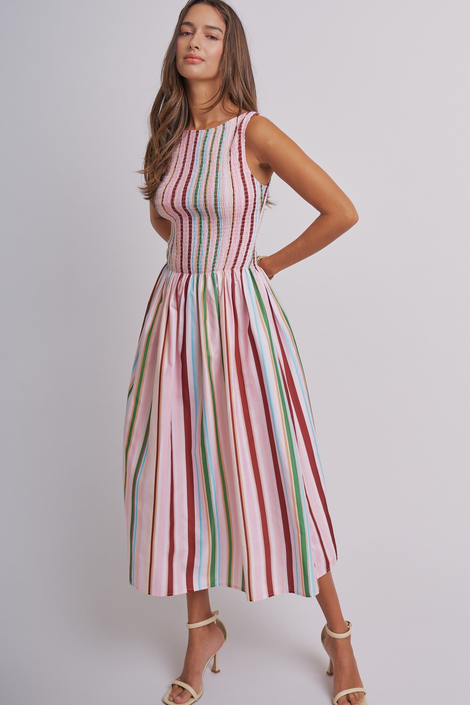 Candy Stripe Smocked Midi Dress With High Neckline in Multi - Women's Dresses | Urban Daizy