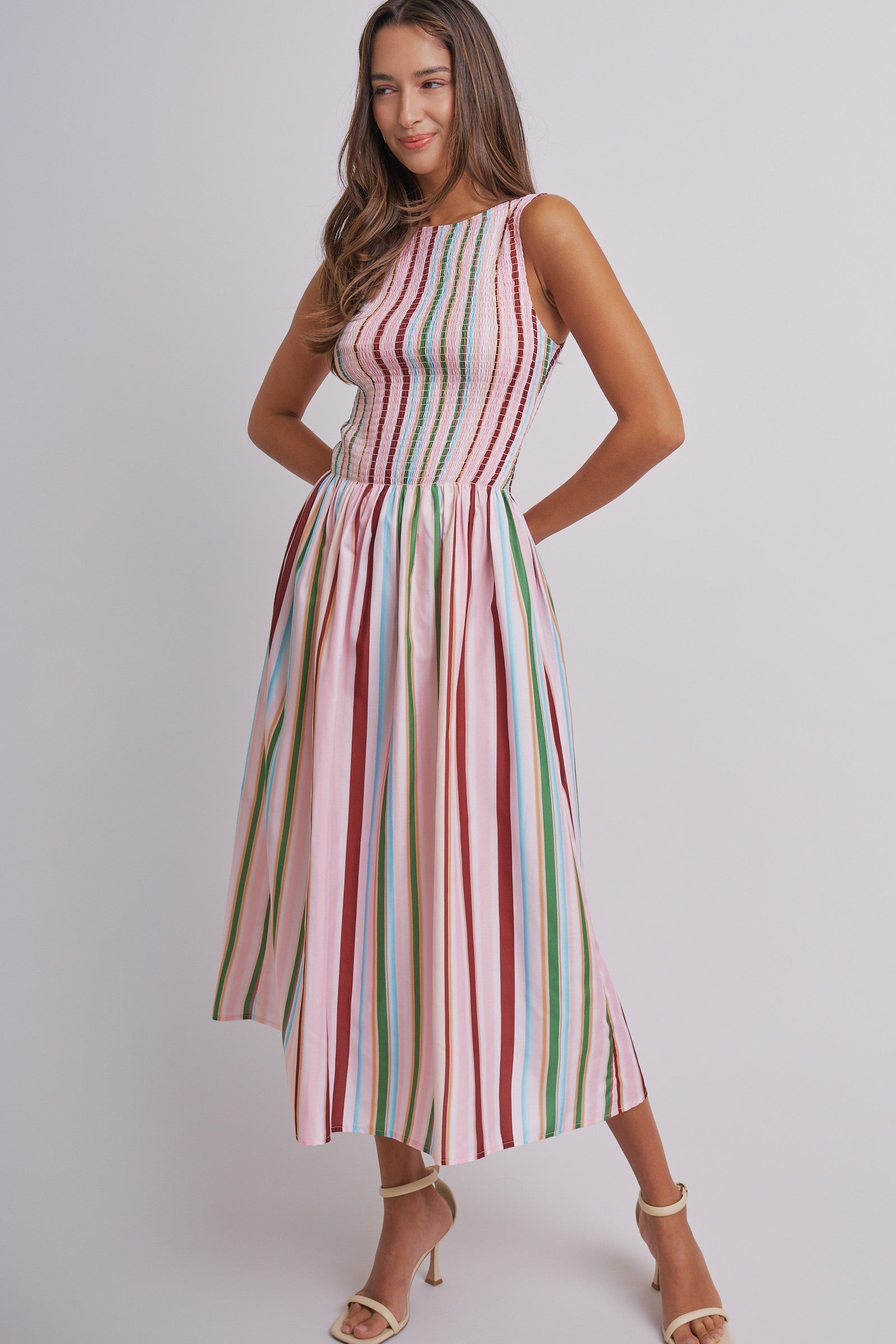 Candy Stripe Smocked Midi Dress With High Neckline in Multi - Women's Dresses | Urban Daizy