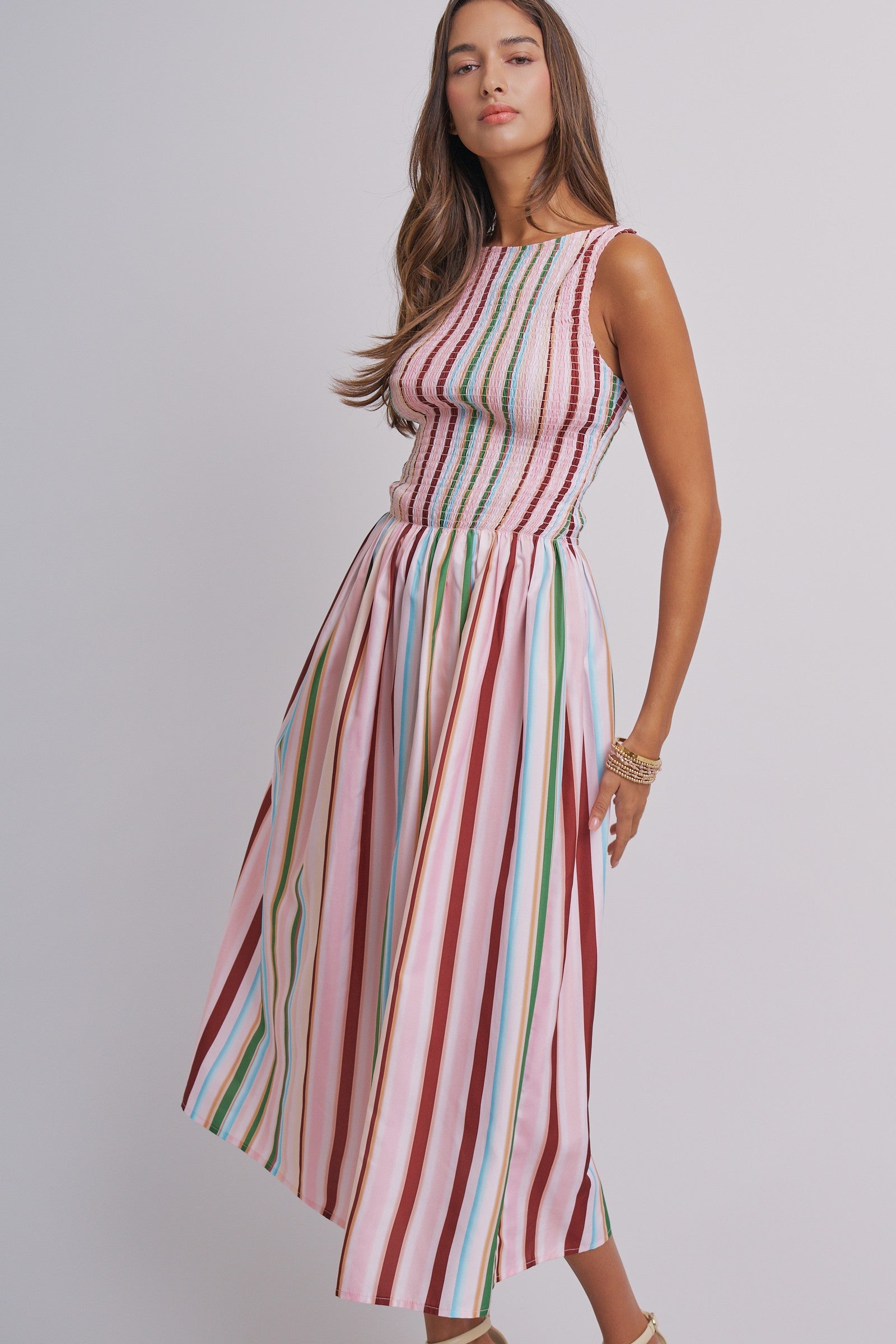 Candy Stripe Smocked Midi Dress With High Neckline in Multi - Women's Dresses | Urban Daizy
