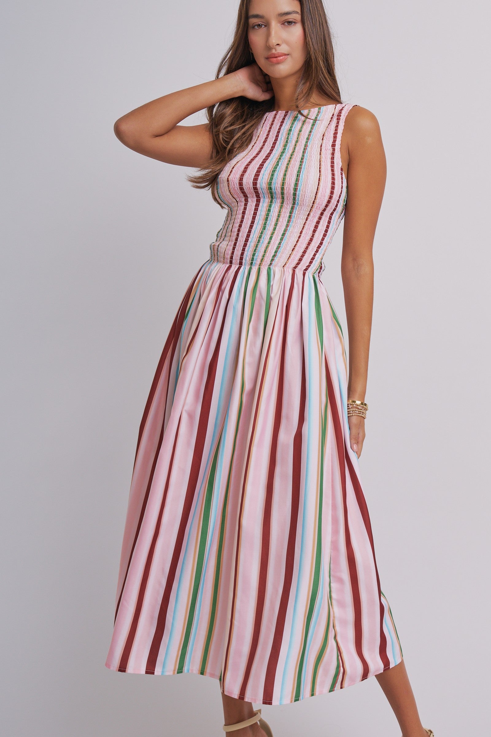 Candy Stripe Smocked Midi Dress With High Neckline in Multi - Women's Dresses | Urban Daizy