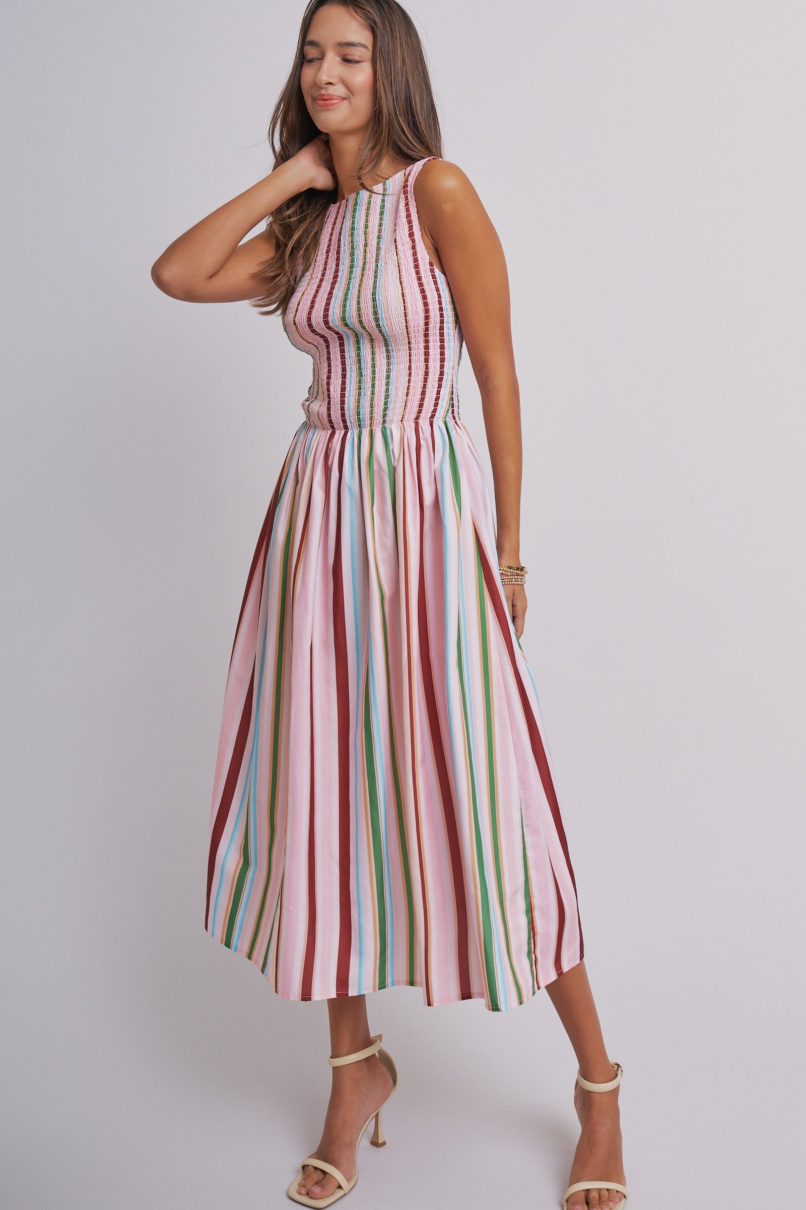 Candy Stripe Smocked Midi Dress With High Neckline in Multi - Women's Dresses | Urban Daizy