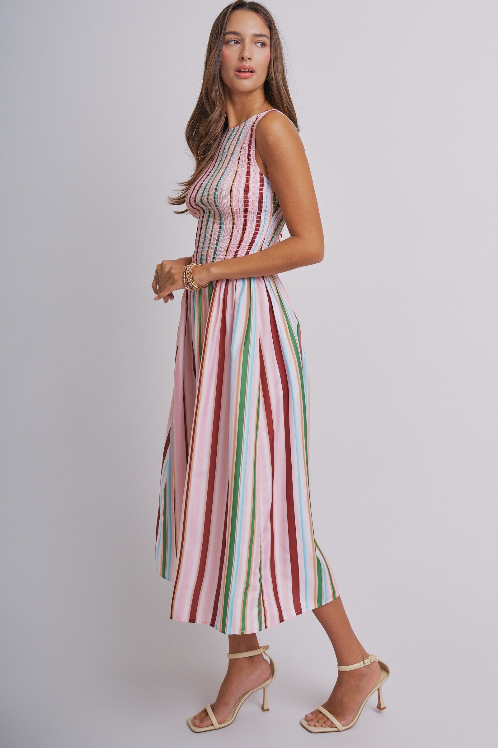 Candy Stripe Smocked Midi Dress With High Neckline in Multi - Women's Dresses | Urban Daizy