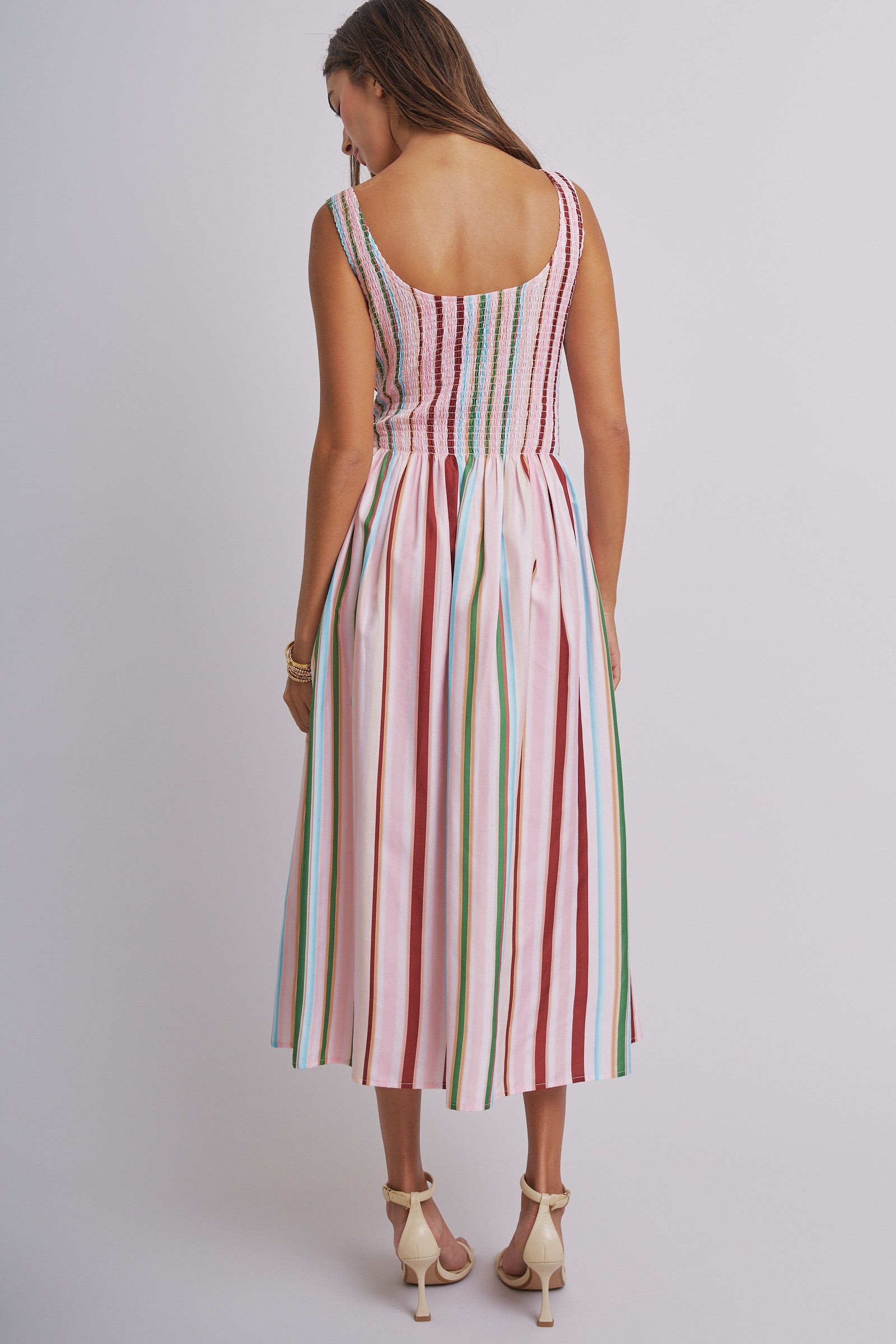 Candy Stripe Smocked Midi Dress With High Neckline in Multi - Women's Dresses | Urban Daizy