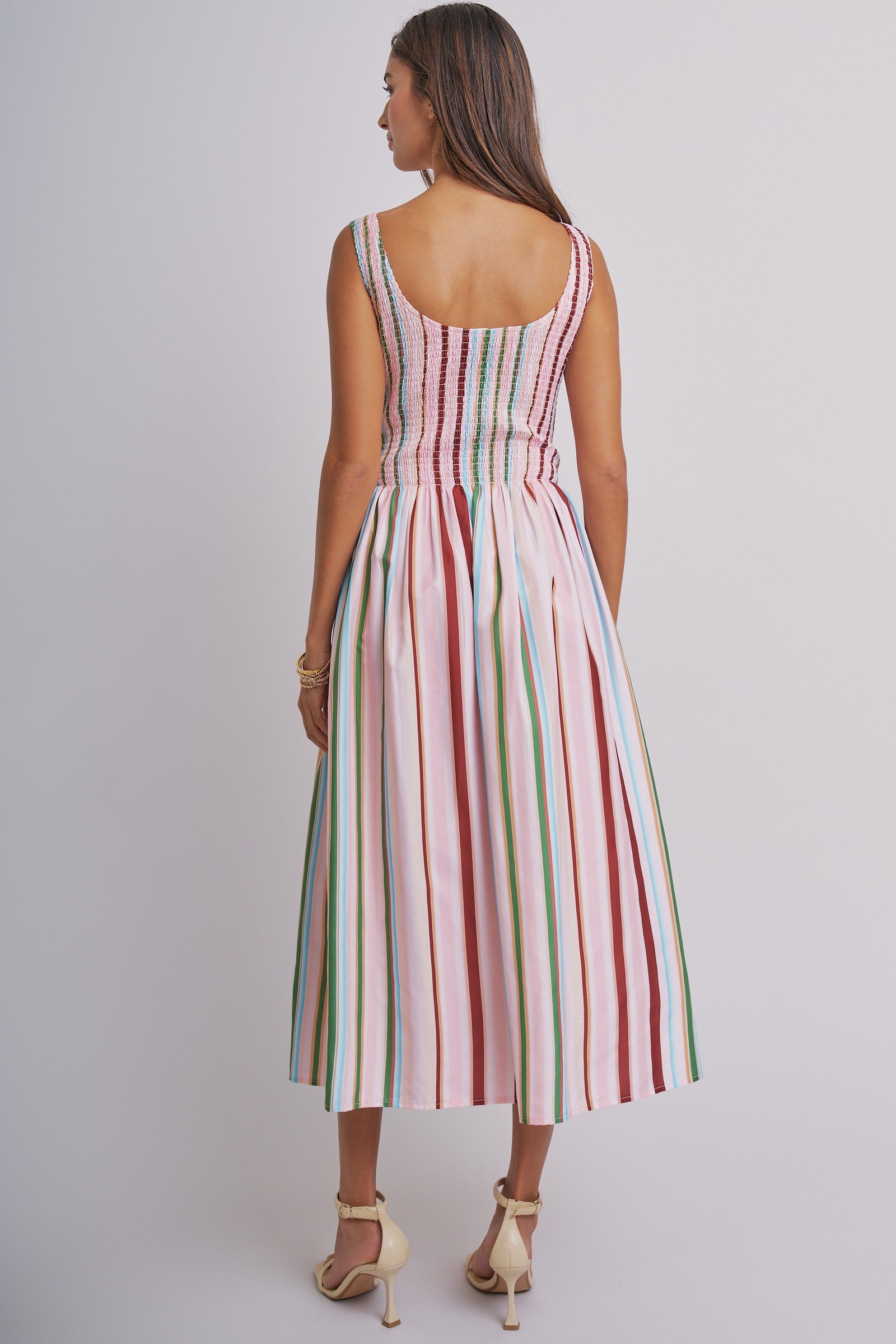 Candy Stripe Smocked Midi Dress With High Neckline in Multi - Women's Dresses | Urban Daizy