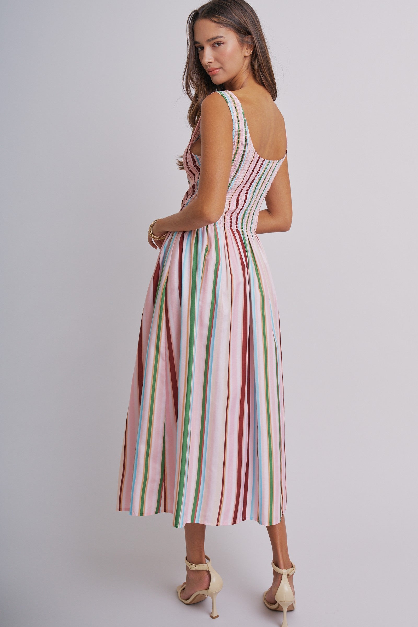Candy Stripe Smocked Midi Dress With High Neckline in Multi - Women's Dresses | Urban Daizy