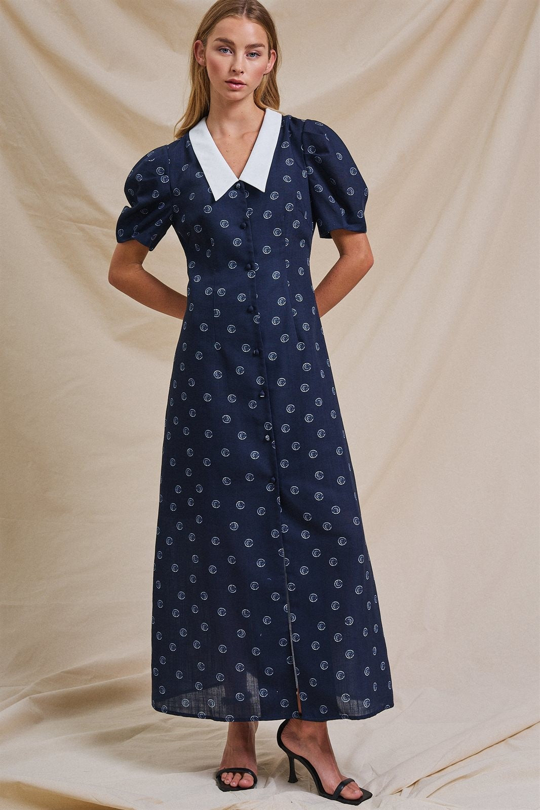 Navy Circle Print Button-Front Midi Dress with Contrast Collar in Navy - Women's Dresses | Urban Daizy