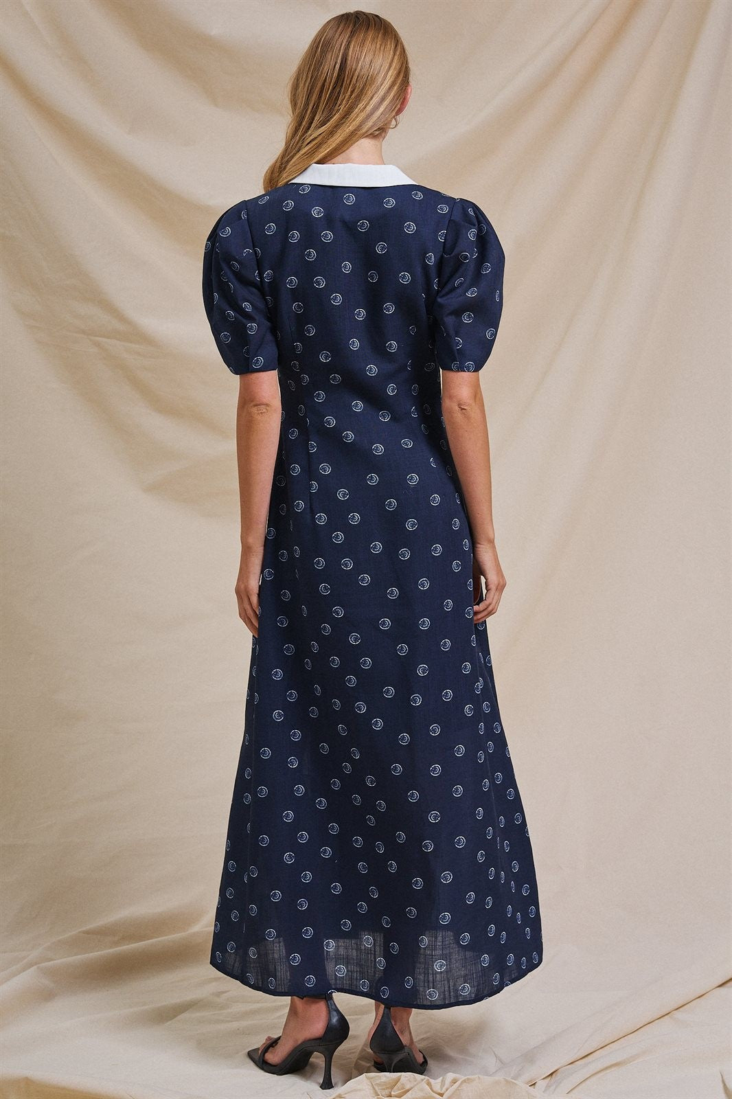 Navy Circle Print Button-Front Midi Dress with Contrast Collar in Navy - Women's Dresses | Urban Daizy