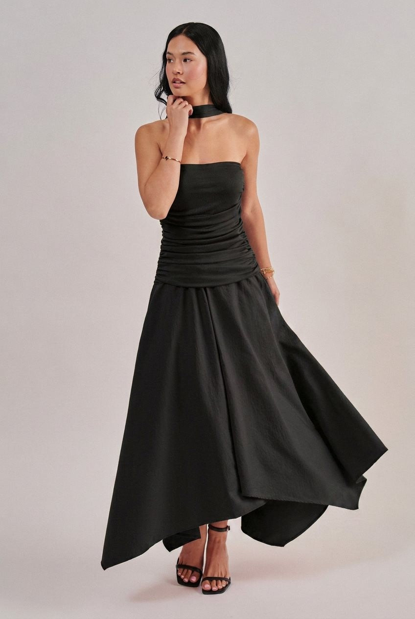 Strapless Ruched Bodice Asymmetrical Midi Dress in Black - Women's Cocktail Dresses | Urban Daizy