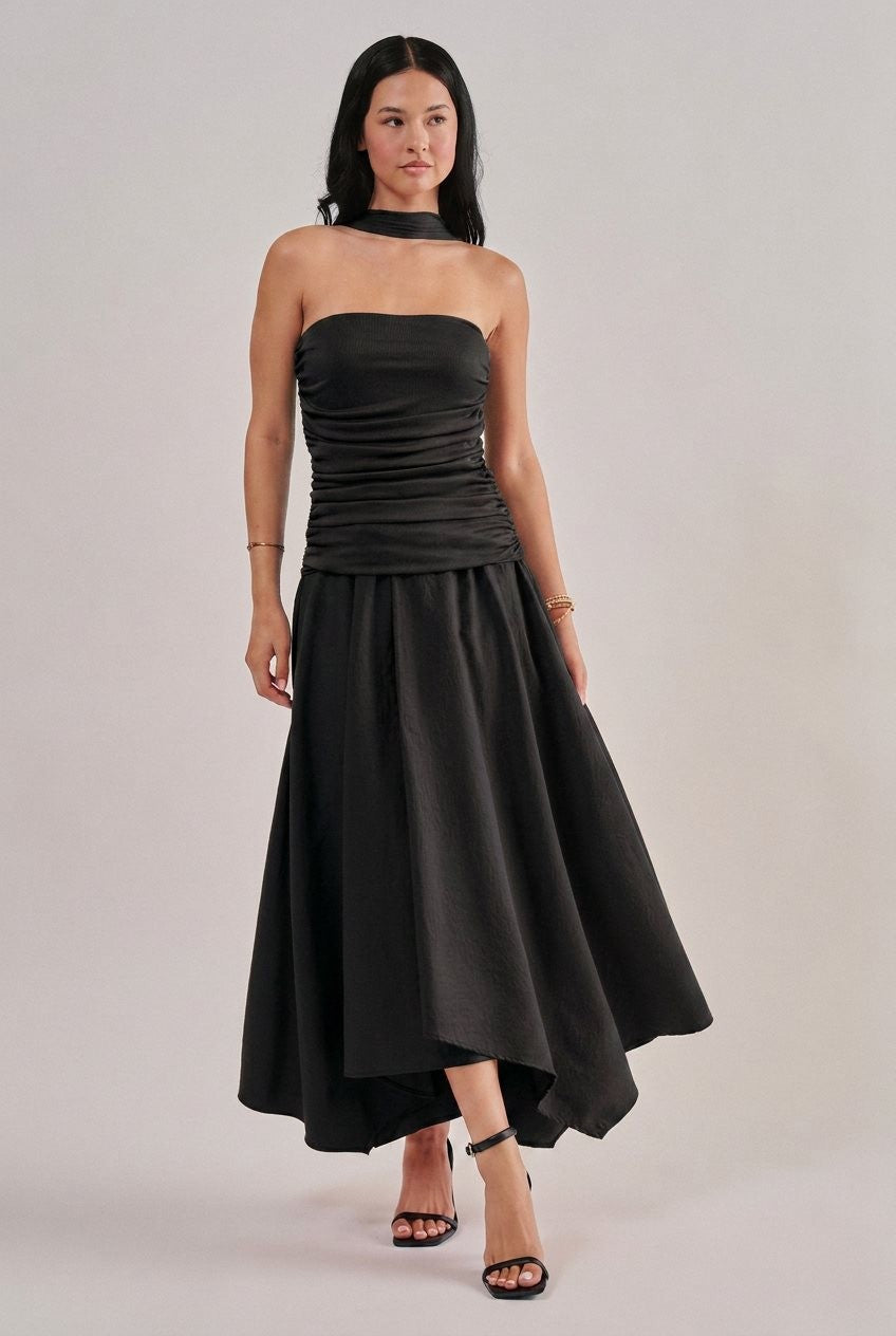 Strapless Ruched Bodice Asymmetrical Midi Dress in Black - Women's Cocktail Dresses | Urban Daizy