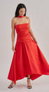 Strapless Ruched Bodice Asymmetrical Midi Dress in Red - Women's Cocktail Dresses | Urban Daizy