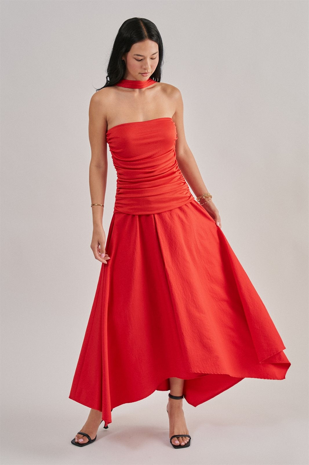 Strapless Ruched Bodice Asymmetrical Midi Dress in Red - Women's Cocktail Dresses | Urban Daizy