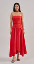 Strapless Ruched Bodice Asymmetrical Midi Dress in Red - Women's Cocktail Dresses | Urban Daizy