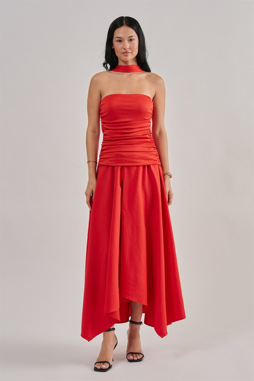 Strapless Ruched Bodice Asymmetrical Midi Dress in Red - Women's Cocktail Dresses | Urban Daizy