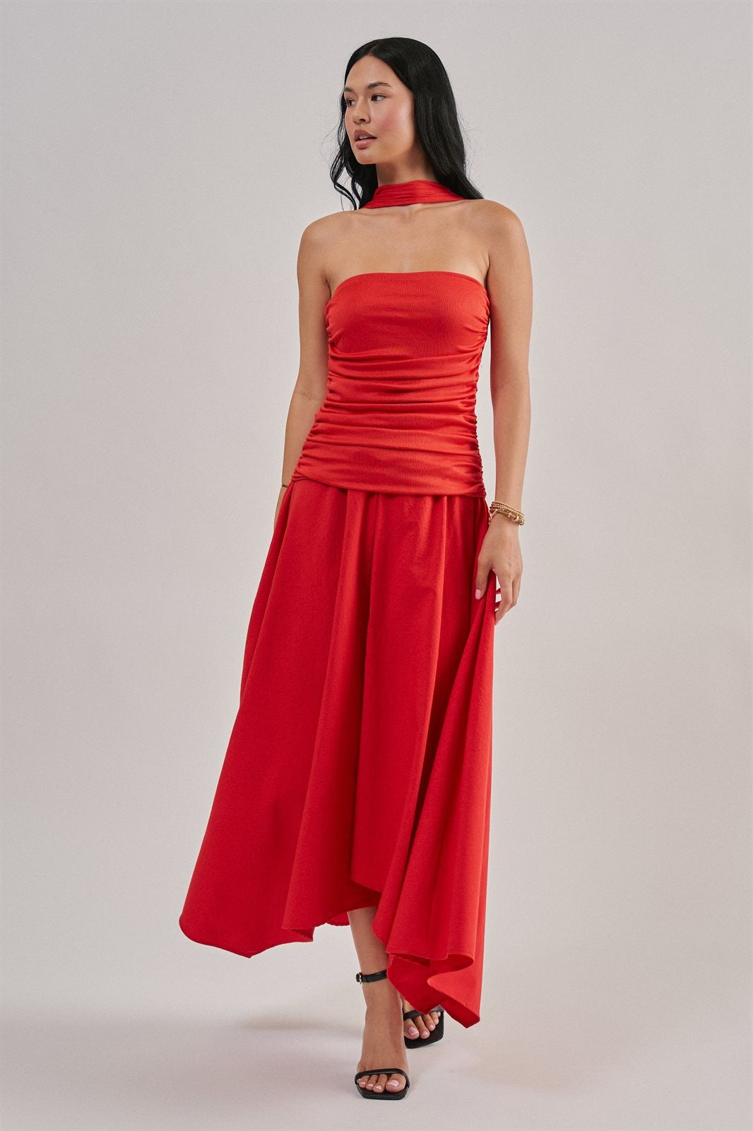 Strapless Ruched Bodice Asymmetrical Midi Dress in Red - Women's Cocktail Dresses | Urban Daizy
