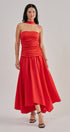 Strapless Ruched Bodice Asymmetrical Midi Dress in Red - Women's Cocktail Dresses | Urban Daizy