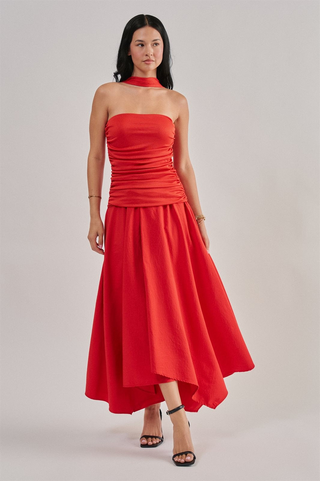 Strapless Ruched Bodice Asymmetrical Midi Dress in Red - Women's Cocktail Dresses | Urban Daizy