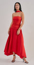 Strapless Ruched Bodice Asymmetrical Midi Dress in Red - Women's Cocktail Dresses | Urban Daizy