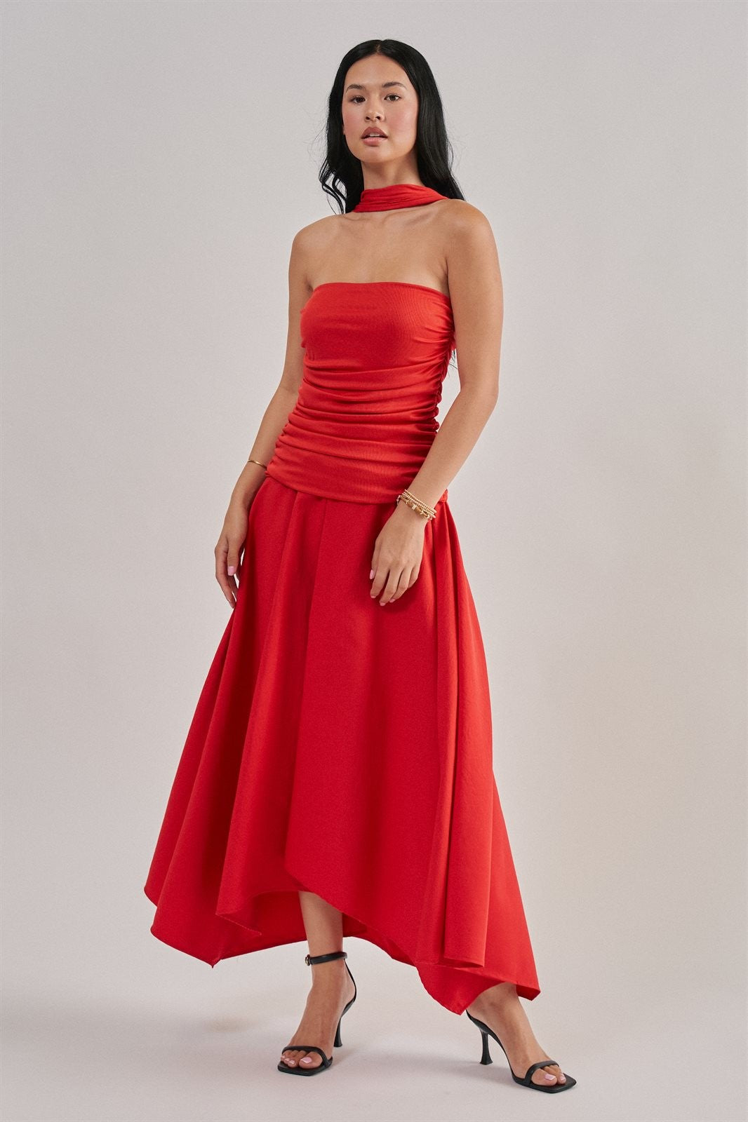 Strapless Ruched Bodice Asymmetrical Midi Dress in Red - Women's Cocktail Dresses | Urban Daizy