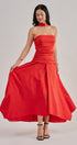Strapless Ruched Bodice Asymmetrical Midi Dress in Red - Women's Cocktail Dresses | Urban Daizy