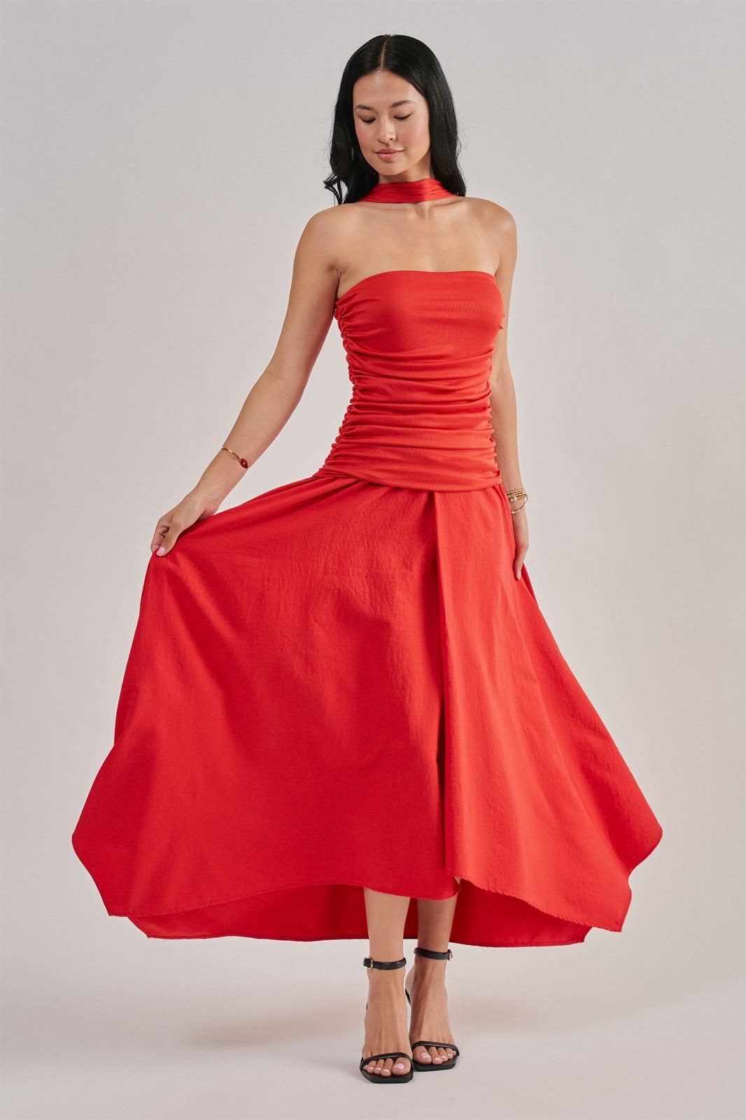 Strapless Ruched Bodice Asymmetrical Midi Dress in Red - Women's Cocktail Dresses | Urban Daizy