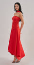 Strapless Ruched Bodice Asymmetrical Midi Dress in Red - Women's Cocktail Dresses | Urban Daizy