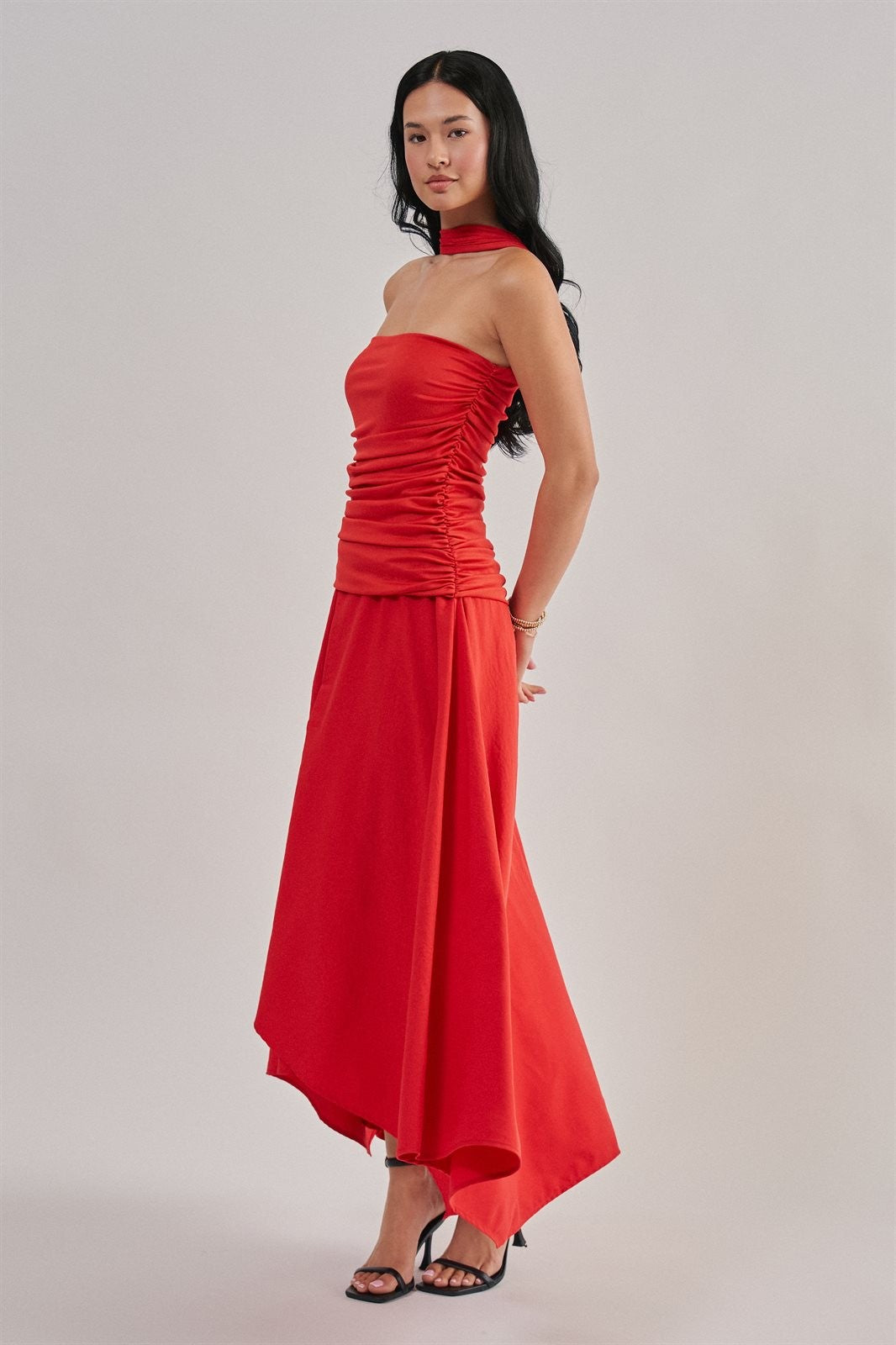 Strapless Ruched Bodice Asymmetrical Midi Dress in Red - Women's Cocktail Dresses | Urban Daizy