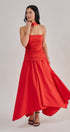 Strapless Ruched Bodice Asymmetrical Midi Dress in Red - Women's Cocktail Dresses | Urban Daizy