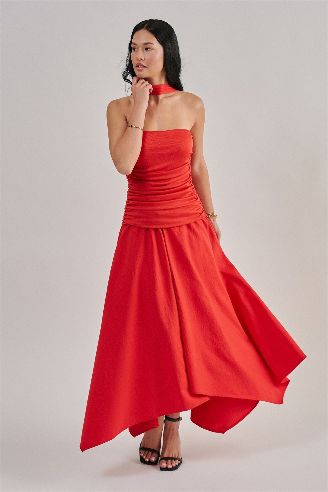 Strapless Ruched Bodice Asymmetrical Midi Dress in Red - Women's Cocktail Dresses | Urban Daizy