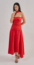 Strapless Ruched Bodice Asymmetrical Midi Dress in Red - Women's Cocktail Dresses | Urban Daizy