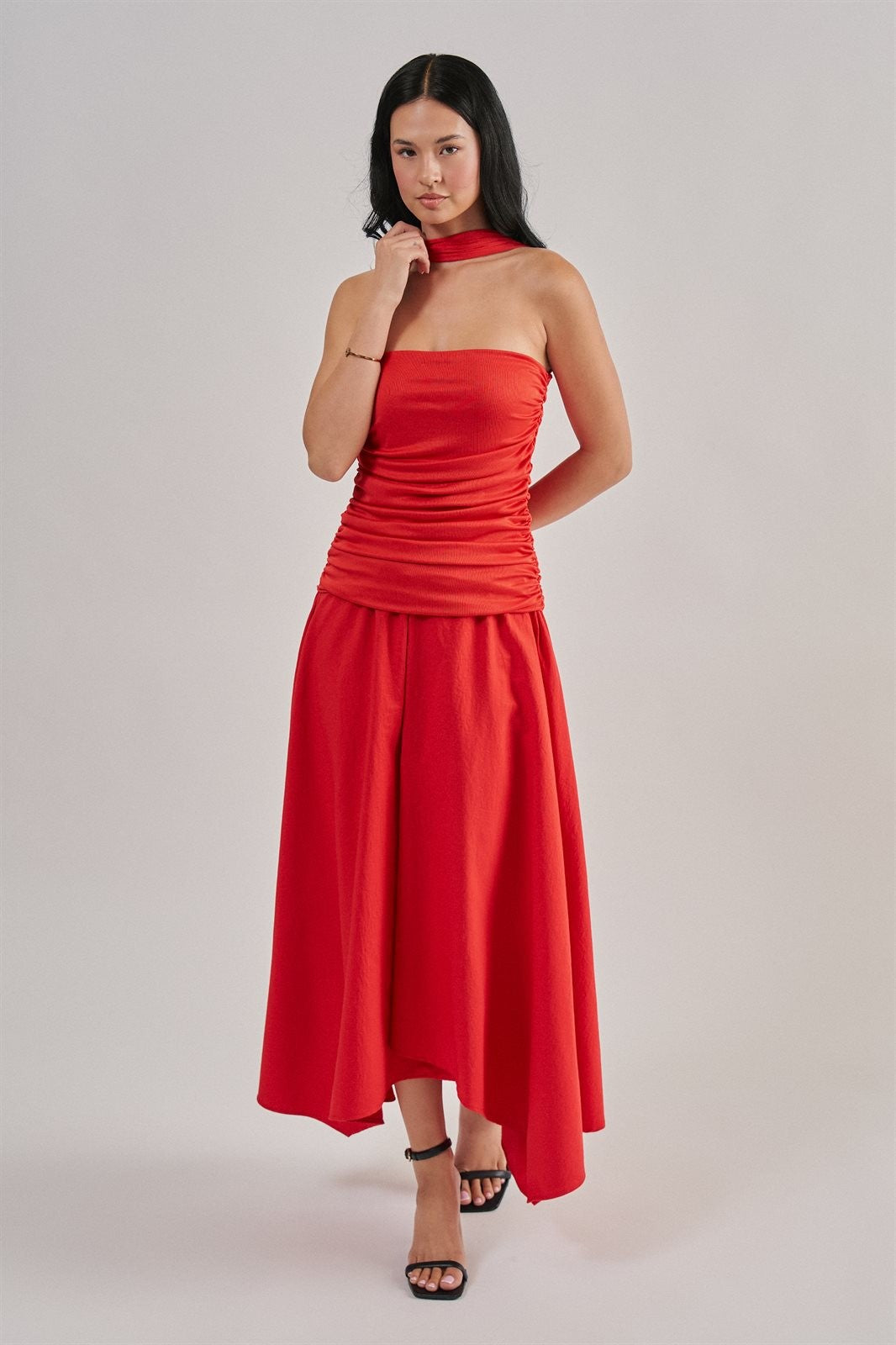Strapless Ruched Bodice Asymmetrical Midi Dress in Red - Women's Cocktail Dresses | Urban Daizy