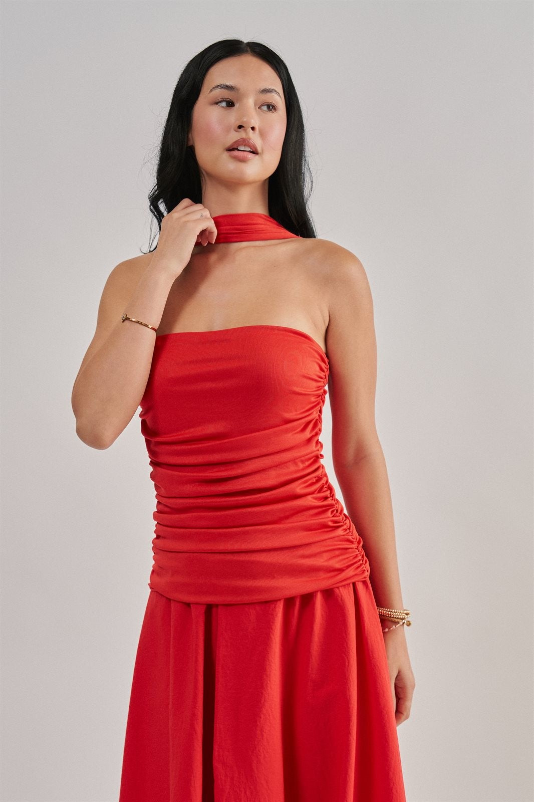 Strapless Ruched Bodice Asymmetrical Midi Dress in Red - Women's Cocktail Dresses | Urban Daizy