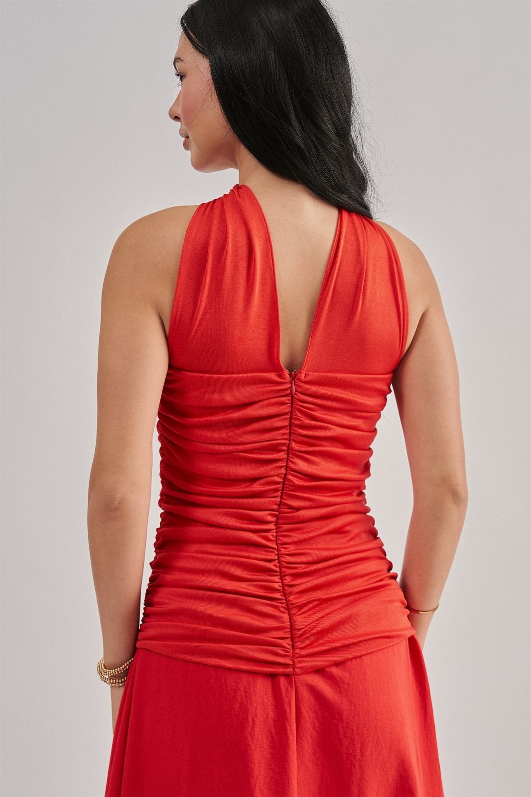 Strapless Ruched Bodice Asymmetrical Midi Dress in Red - Women's Cocktail Dresses | Urban Daizy