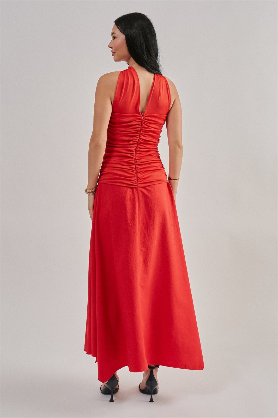 Strapless Ruched Bodice Asymmetrical Midi Dress in Red - Women's Cocktail Dresses | Urban Daizy