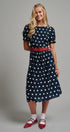Polka Dot Belted Puff Sleeve Midi Dress in Navy - Women's Casual Dresses | Urban Daizy