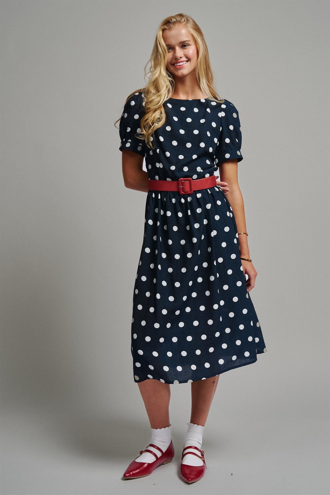 Polka Dot Belted Puff Sleeve Midi Dress in Navy - Women's Casual Dresses | Urban Daizy