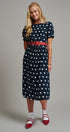 Polka Dot Belted Puff Sleeve Midi Dress in Navy - Women's Casual Dresses | Urban Daizy