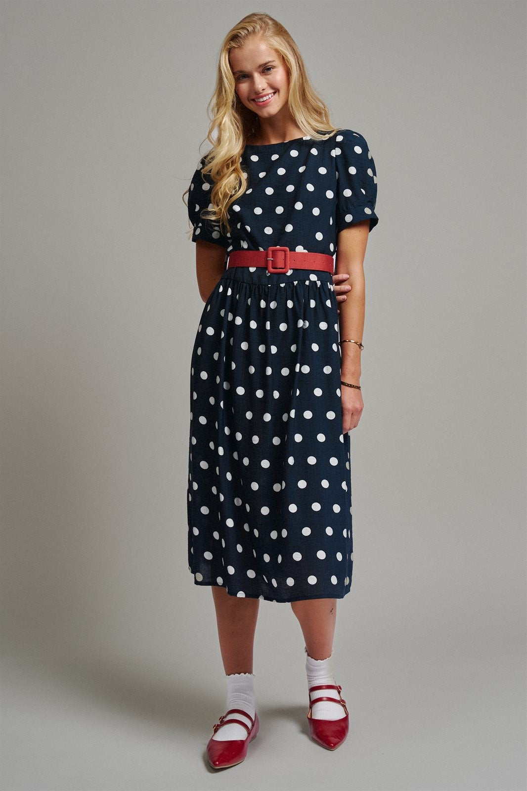 Polka Dot Belted Puff Sleeve Midi Dress in Navy - Women's Casual Dresses | Urban Daizy