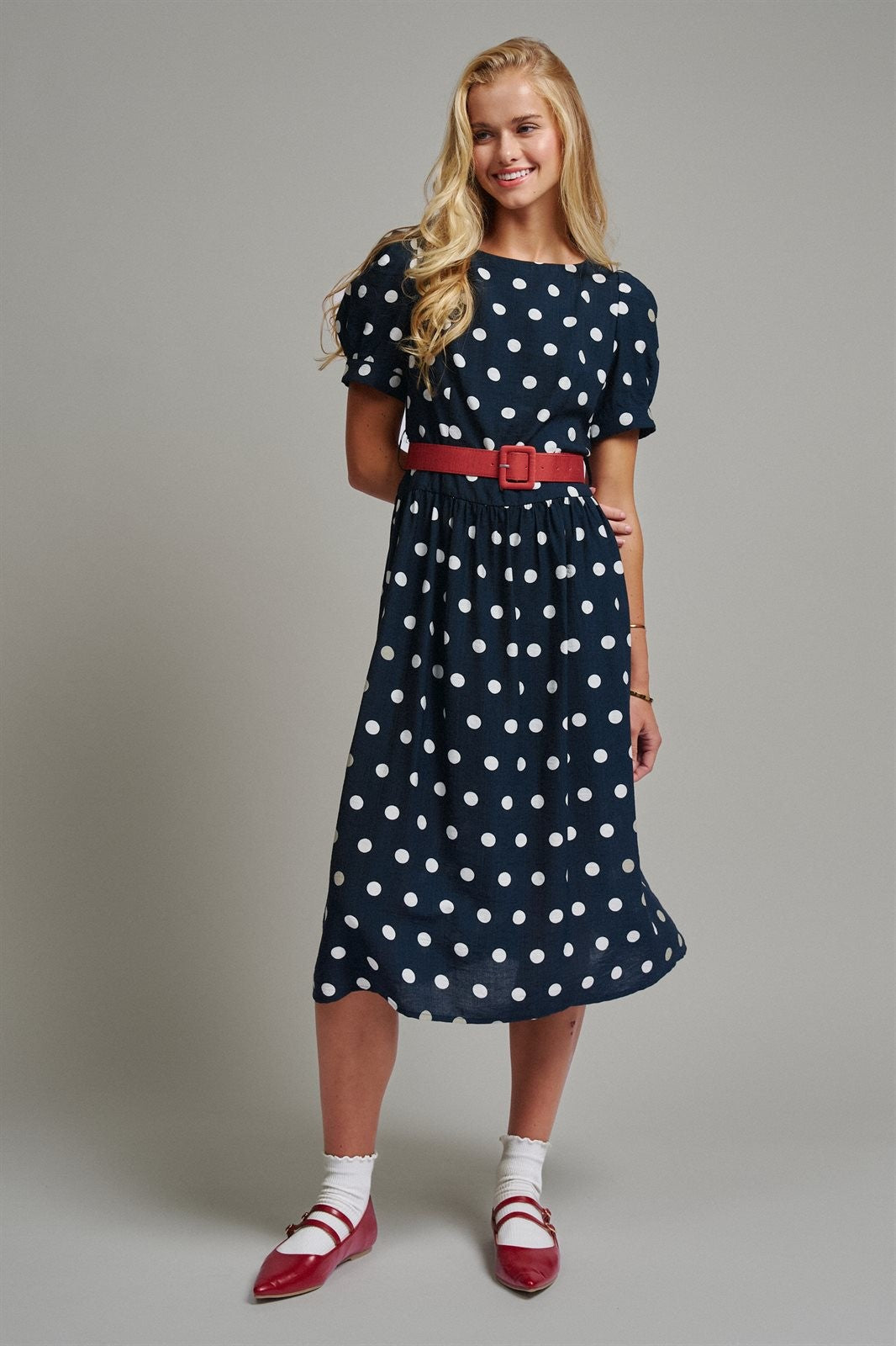 Polka Dot Belted Puff Sleeve Midi Dress in Navy - Women's Casual Dresses | Urban Daizy