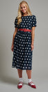 Polka Dot Belted Puff Sleeve Midi Dress in Navy - Women's Casual Dresses | Urban Daizy
