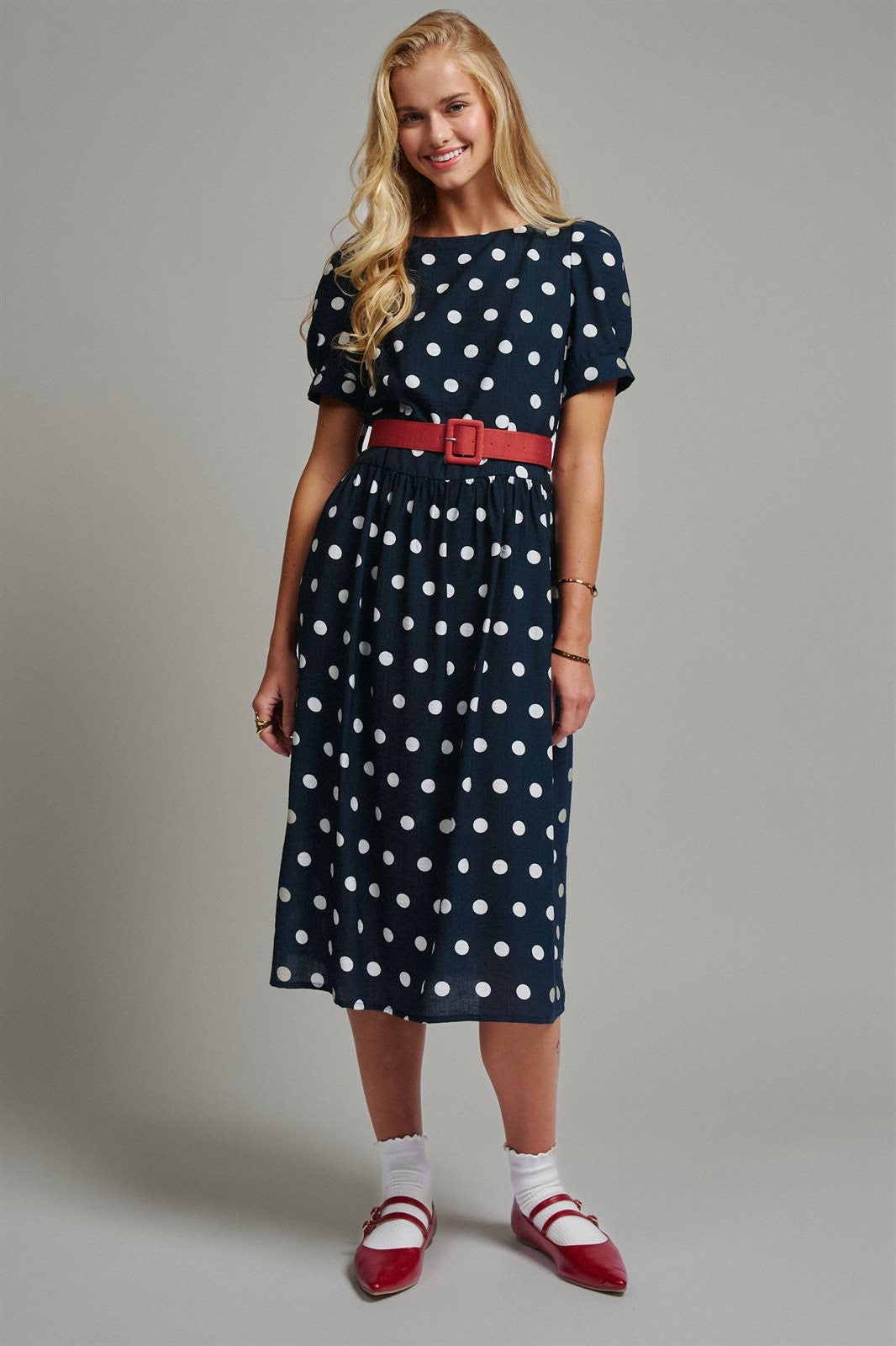 Polka Dot Belted Puff Sleeve Midi Dress in Navy - Women's Casual Dresses | Urban Daizy